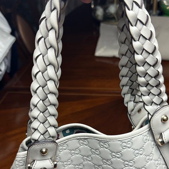 Gucci GG Monogram Embossed Leather Hobo Bag Ivory White Braided Handle - Picture 4 of 13